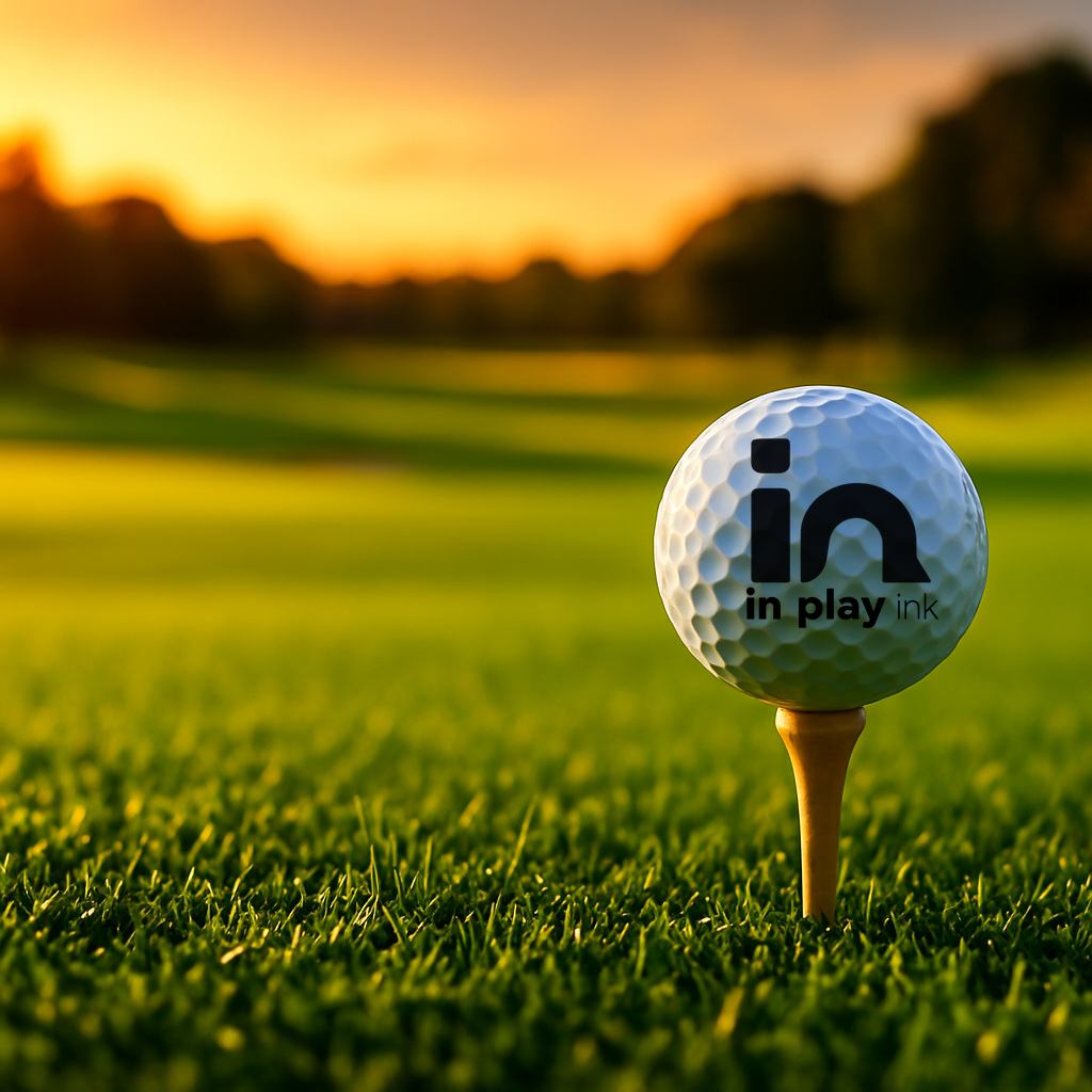 Premium white golf ball printed with the In Play Ink logo, resting on a tee on a vivid green fairway at golden hour