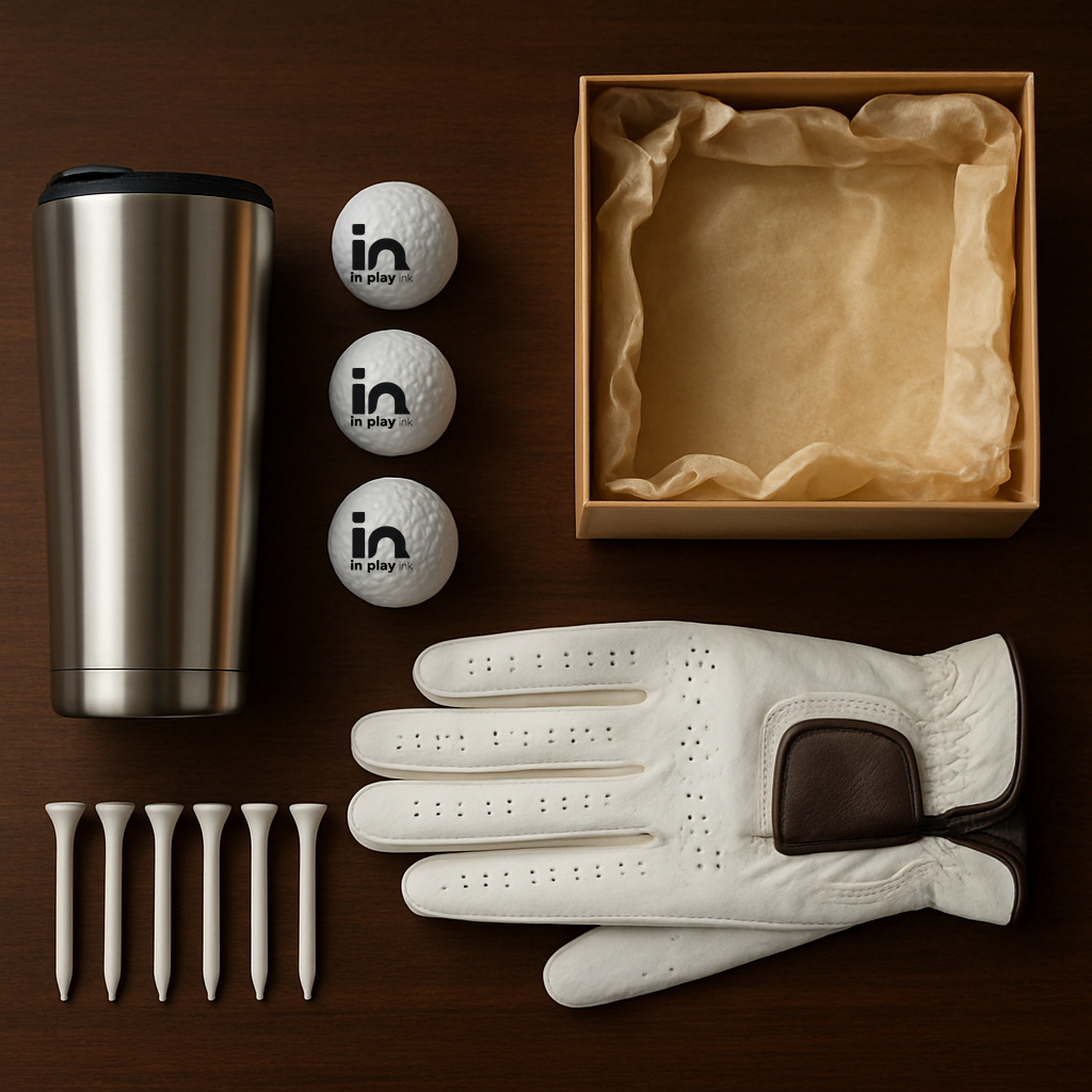 In Play Ink branded golf balls, golf tees, a tumbler, premium gift packaging and golf accessories